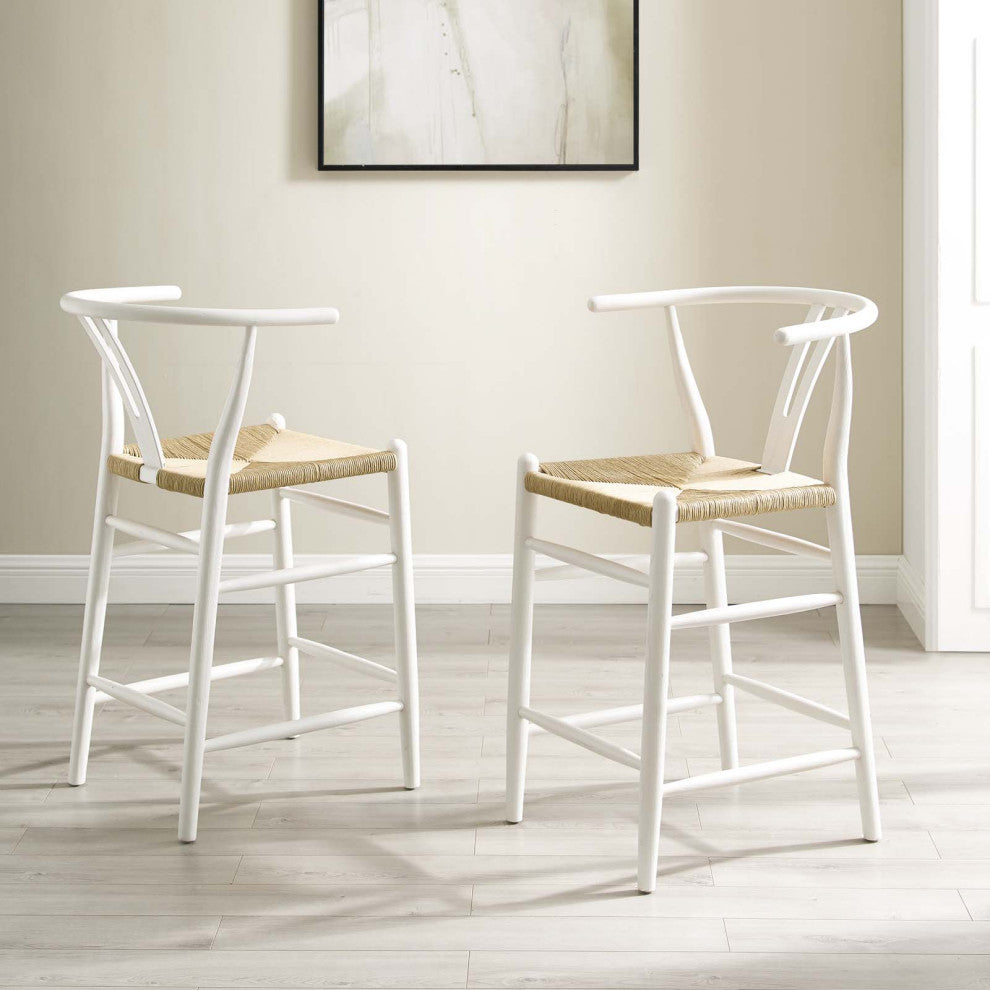 Counter Stool Chair, Set of 2, Wood, White, Modern, Bar Cafe Bistro Restaurant