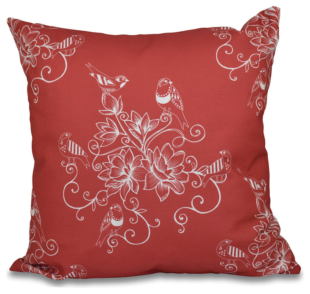 Morning Birds, Floral Print Pillow, Coral, 18"x18"