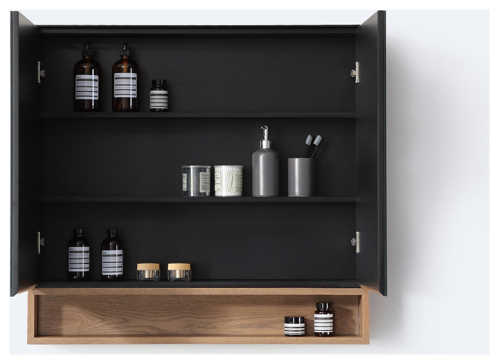 Bergen Modern Medicine Cabinet, Matte Black Frame, Pecan Oak Shelf, 36"