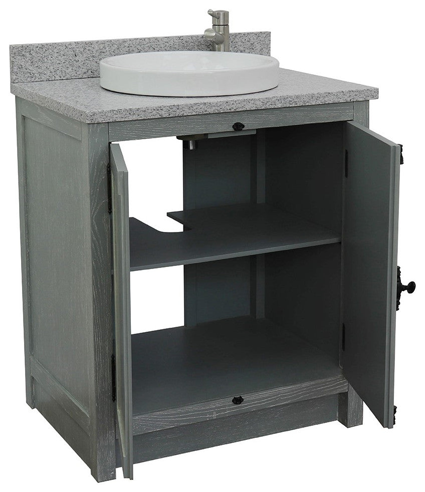 30" Single Vanity, Gray Ash, Gray Granite Top, Round Sink