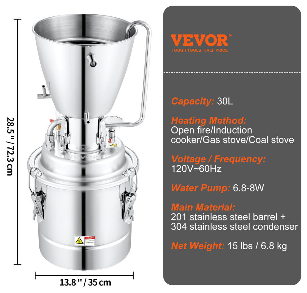 Water Alcohol Distiller 8 Gal/30 L Stainless Steel Still Home Distillery Kit