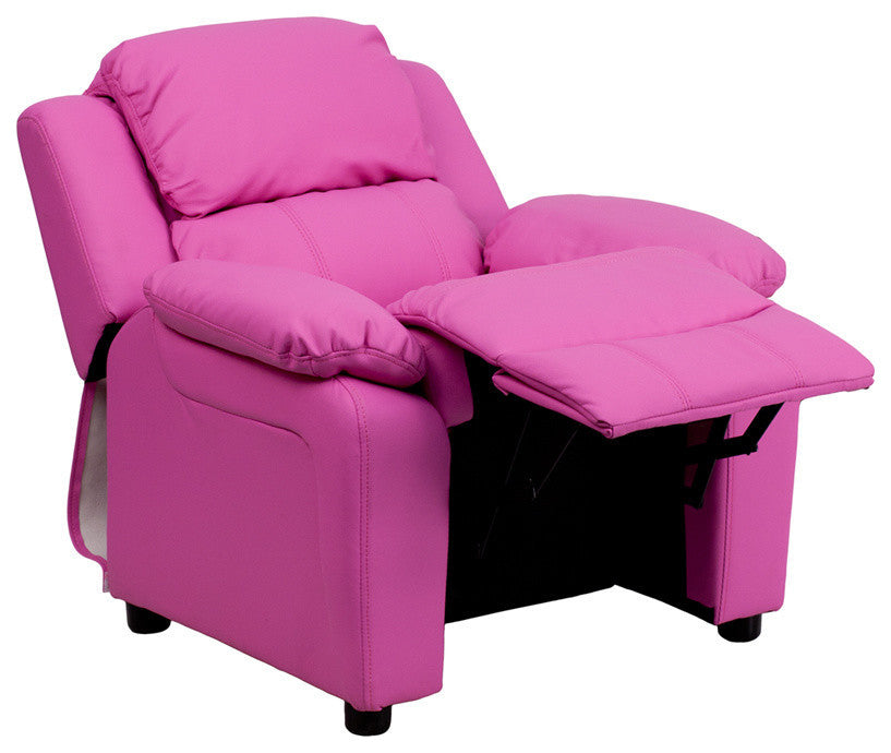 Deluxe Padded Contemporary Hot Pink Vinyl Kids Recliner With Storage Arms