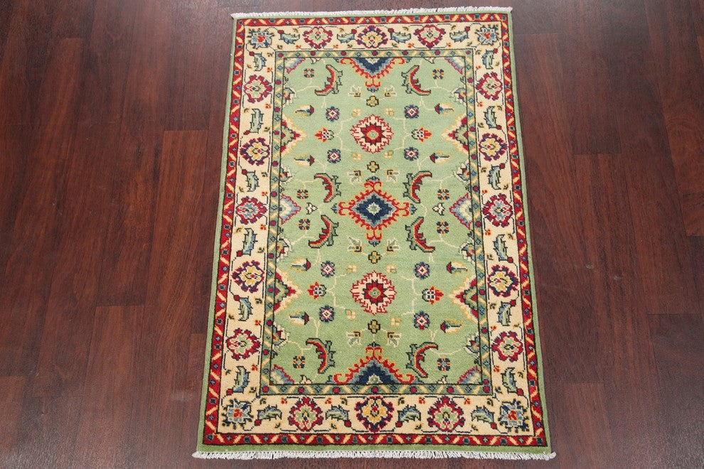 Pakistani Kazak Traditional Oriental Hand-Knotted Area Rug, Green, 4'1"X2'8"