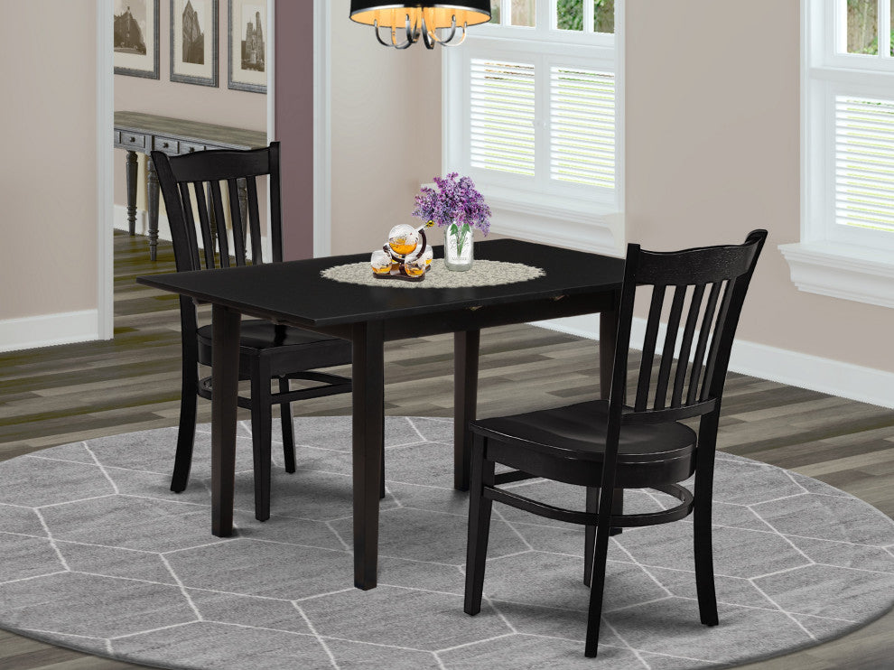 3-Pc Dining Set 2 Dining Chairs, Slatted Back, Butterfly Leaf Seat, Table, Black