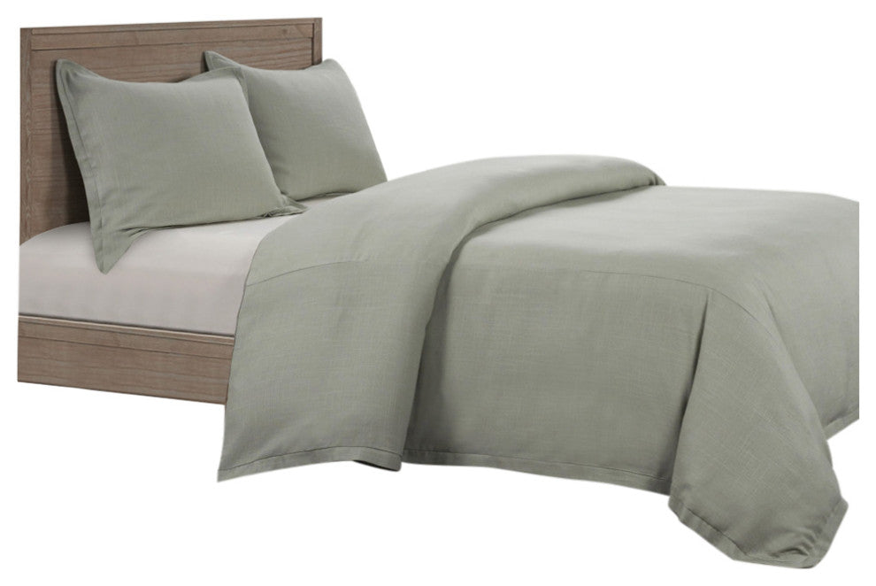 Hera Washed Linen Flange Comforter Set, 3 Piece, Sage, Queen