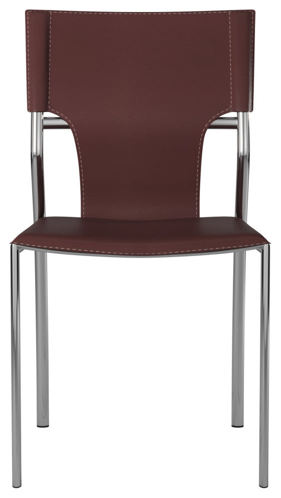 Leather Dining Chair With Chrome Legs Set of 4, Dark Brown