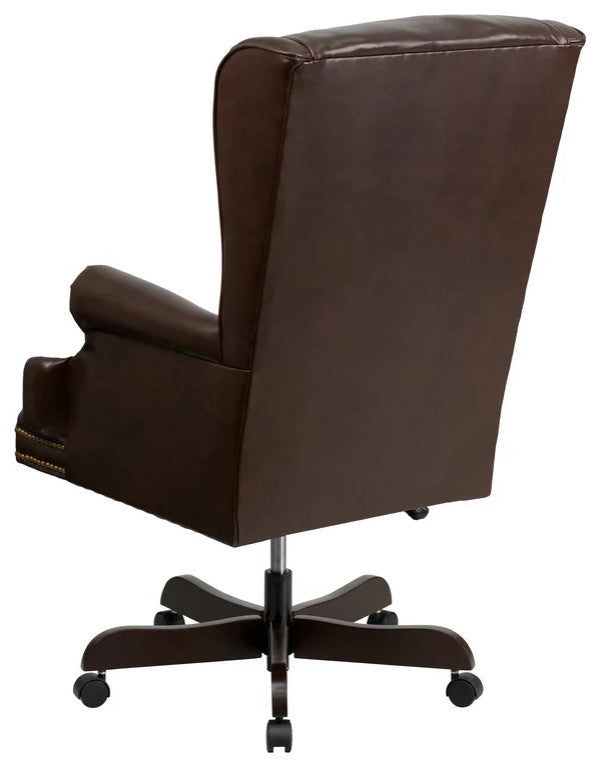 Office Chair, Oversized PU Seat With Button Tufted Back & Nailhead, Brown