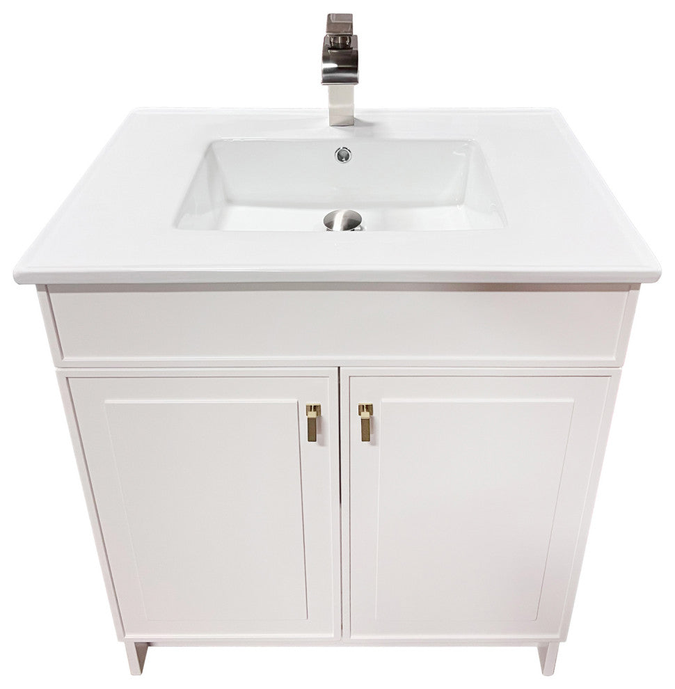 SmartFold 31" Single Sink Vanity, White With White Ceramic Top, Brushed Gold