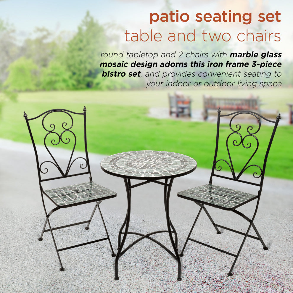 Marbled Glass Mosaic 3-Piece Bistro Set Folding Table and Chairs Patio Seating