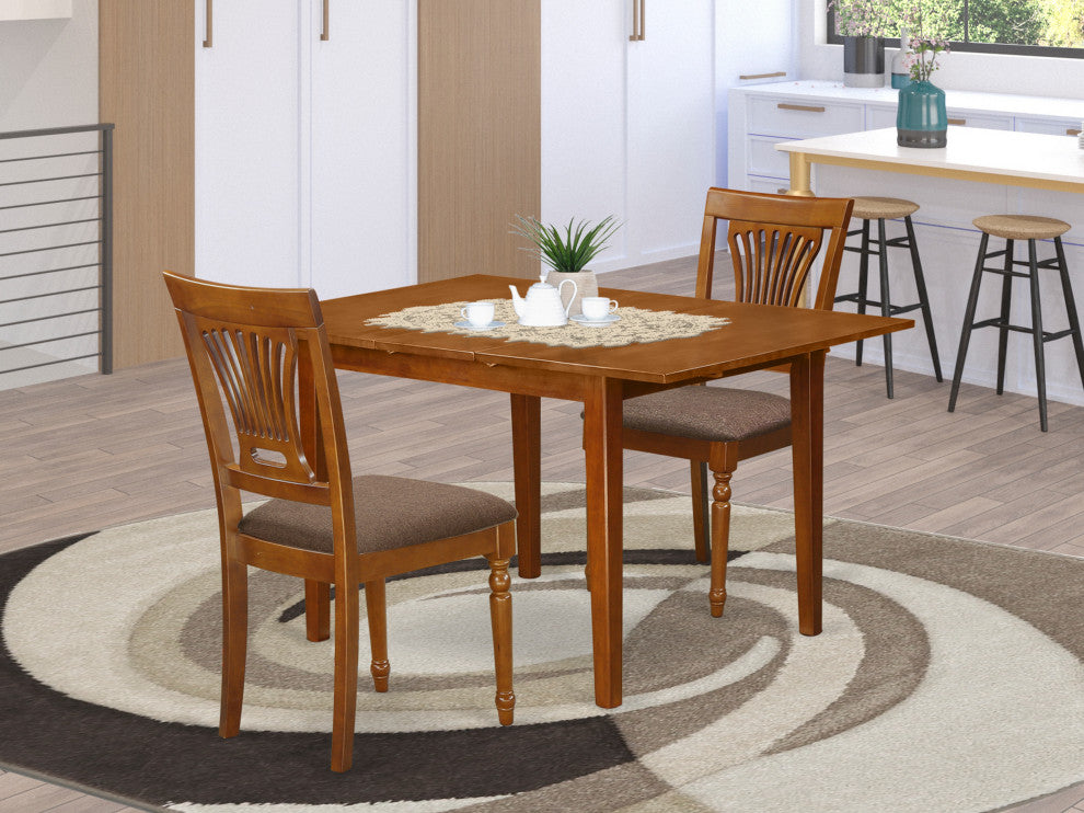 3 Pc Set Milan Table With Leaf And 2 Cushion Chairs In Saddle Brown