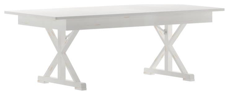 HERCULES 7' x 40" Rectangular Solid Pine Farm Table with X Legs, Antique Rustic White