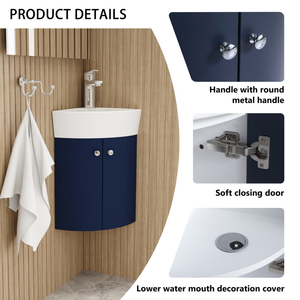 BNK Compact Double-Door Corner Bathroom Cabinet with Ceramic Basin