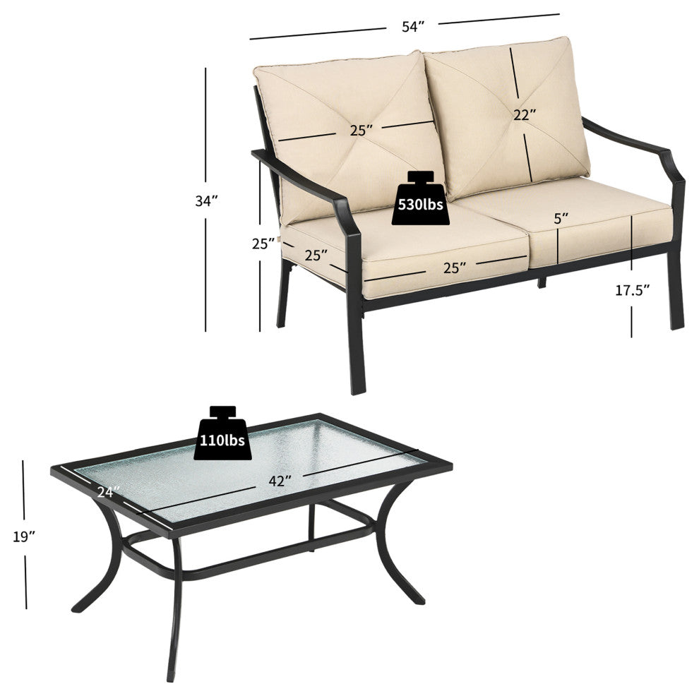 Costway 2 PCS Patio Loveseat with Coffee Table Outdoor Sofa Bench with Cushions