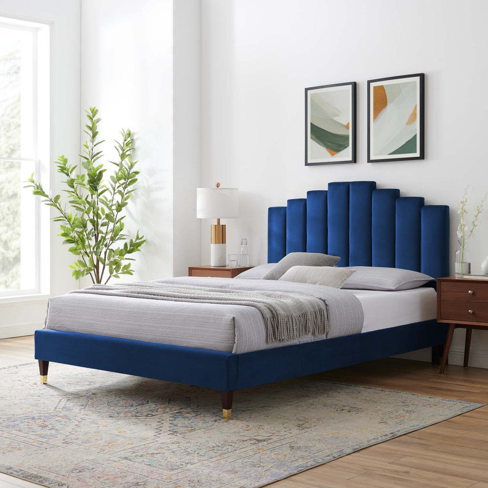 Platform Bed Frame, Queen Size, Velvet, Blue Navy, Modern Contemporary, Bedroom