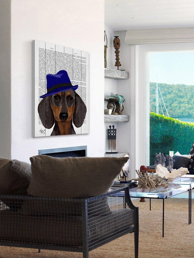 "Dachshund with Blue Trilby" Painting Print on White Wood, 12"x18"