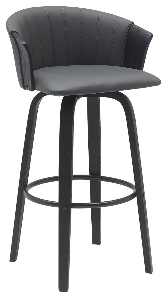 Diana 30" Swivel Black Wood Bar Stool, Gray Faux Leather