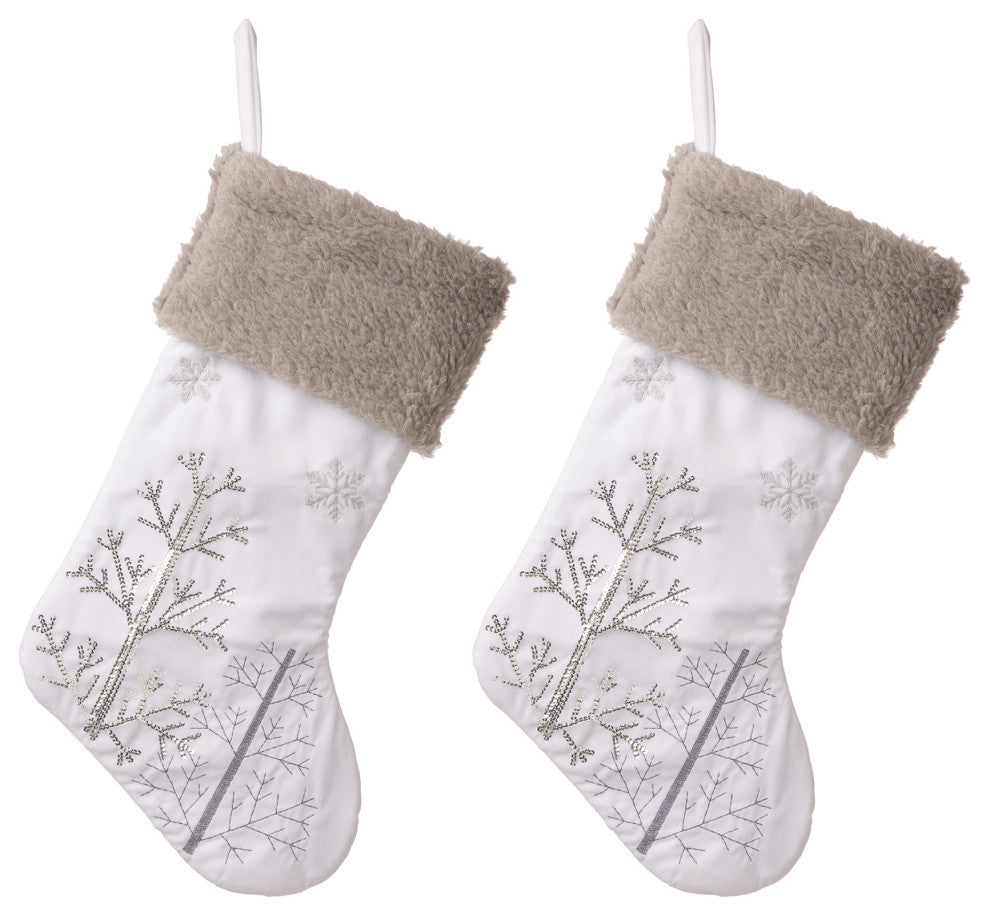 2-Pack 21"L White Fleece With Christmas Tree, Snowflake Stocking