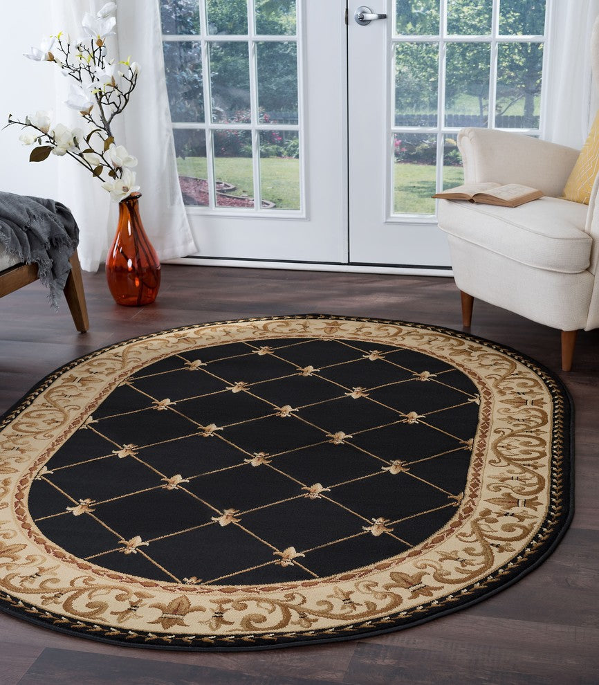 Orleans Traditional Border Area Rug, Black, 5'3"x7'3", Oval