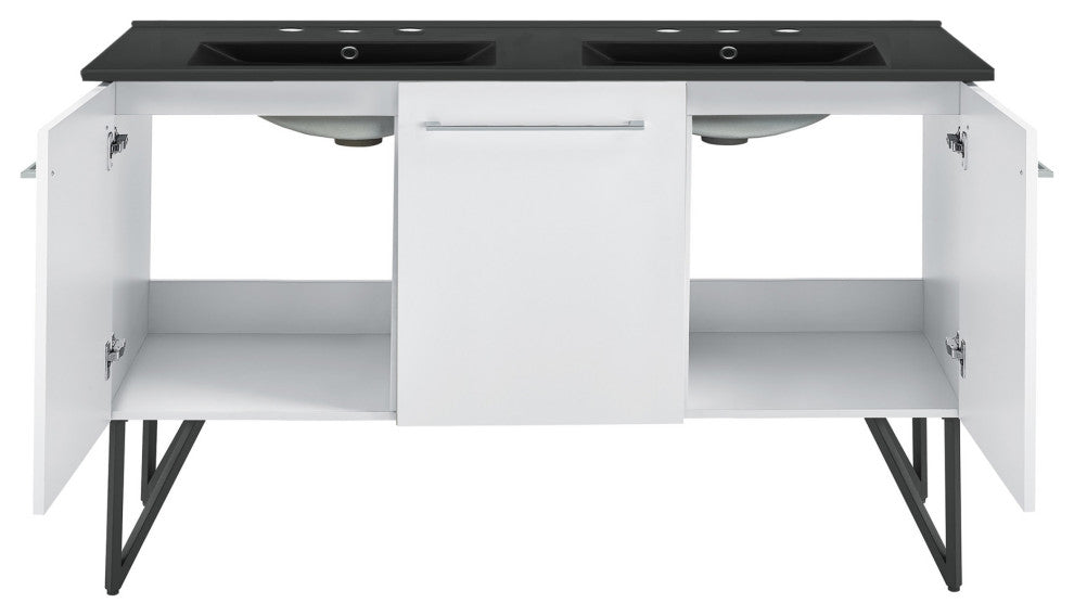 Annecy 60" White, Double Basin Bathroom Vanity With Black, 3-Hole Sink Top