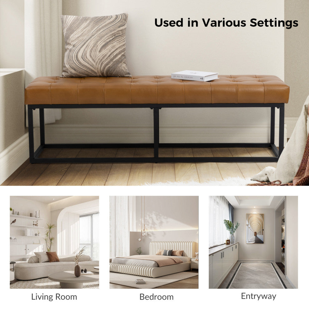 60"W Genuine Leather Bedroom Bench, Camel
