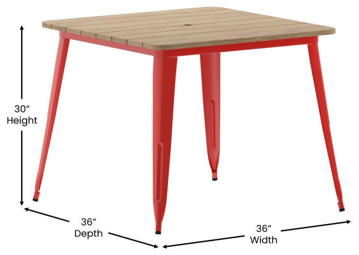 Declan Commercial Indoor/Outdoor Dining Table with Umbrella Hole, 36" Square, Brown/Red