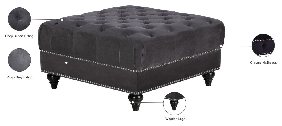 Sabrina Velvet Upholstered Ottoman, Gray