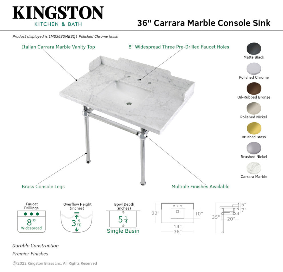 Kingston Brass LMS3630MBSQ1 36" Carrara Marble Console Sink, Legs
