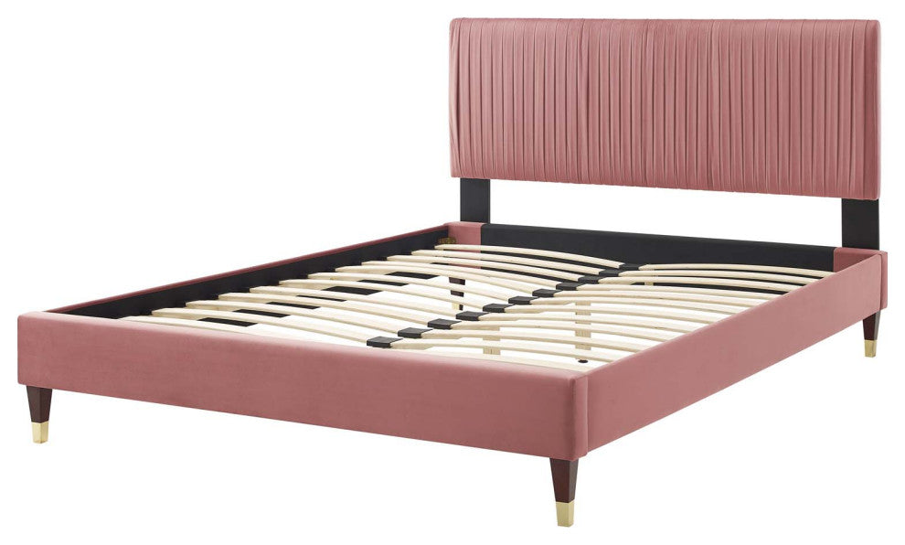 Platform Bed Frame, Queen Size, Velvet, Pink, Modern Contemporary, Bedroom