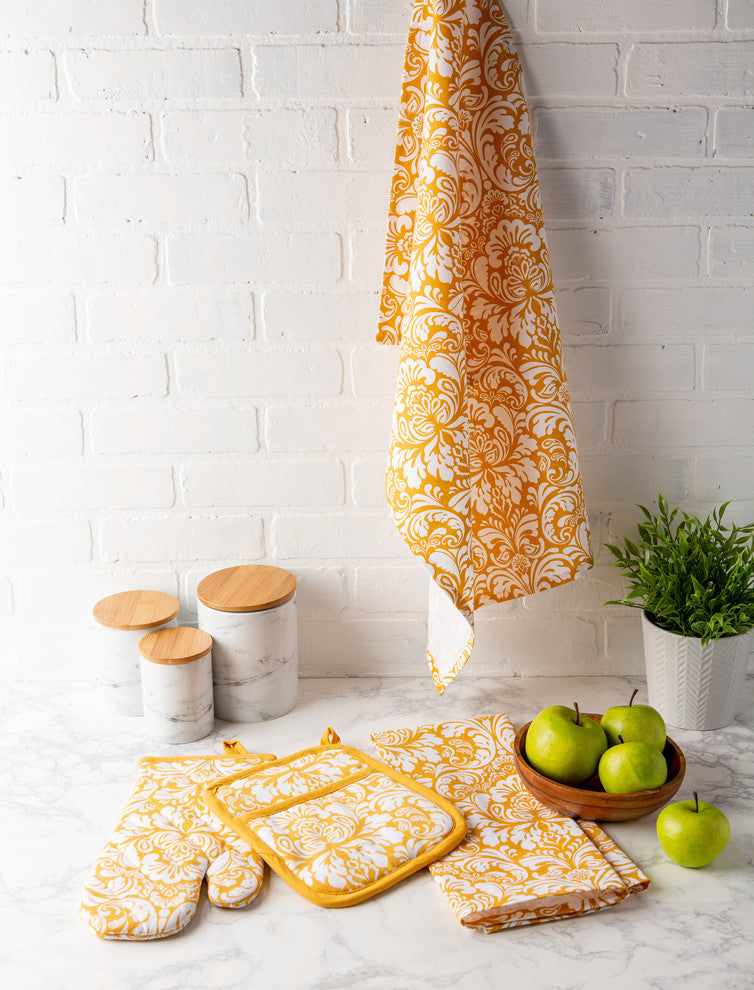 Mustard Damask Oven Mitt & Potholder Set