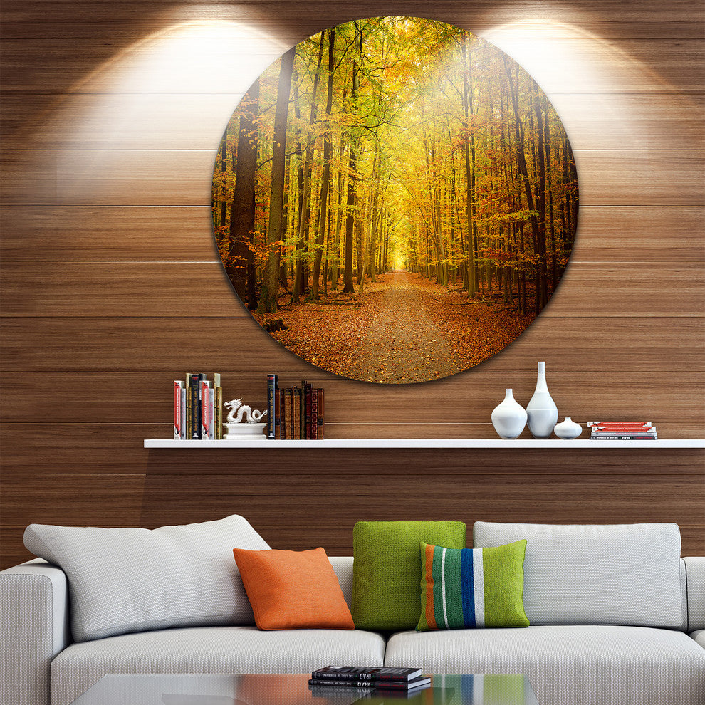 Pathway In Green Autumn Forest, Photo Disc Metal Wall Art, 11"