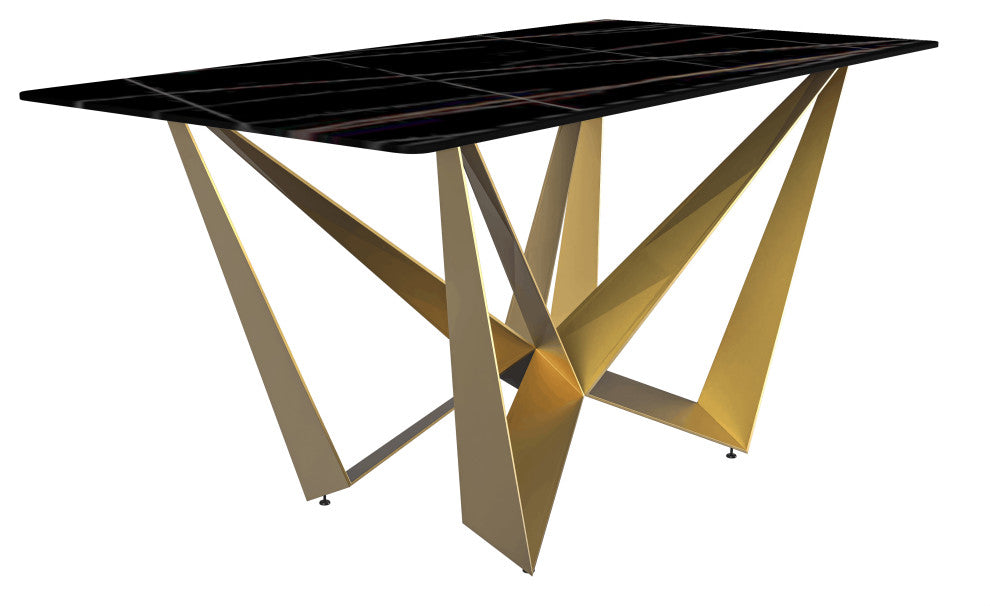 LeisureMod Nuvor Dining Table With Rectangular Top and Gold Steel Base, Black/Gold, 55 Inch