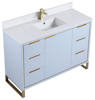 Opulence Bath Vanity, Pastel Blue, 48", Satin Brass Hardware, White Top