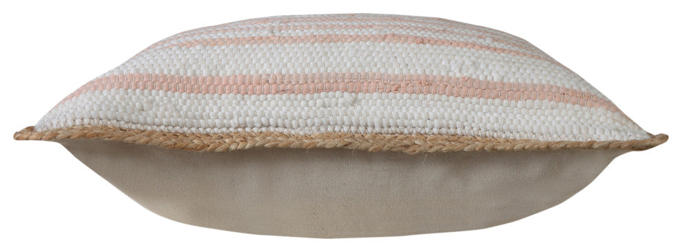 Coral Pink and White Striped Jute Bordered Throw Pillow
