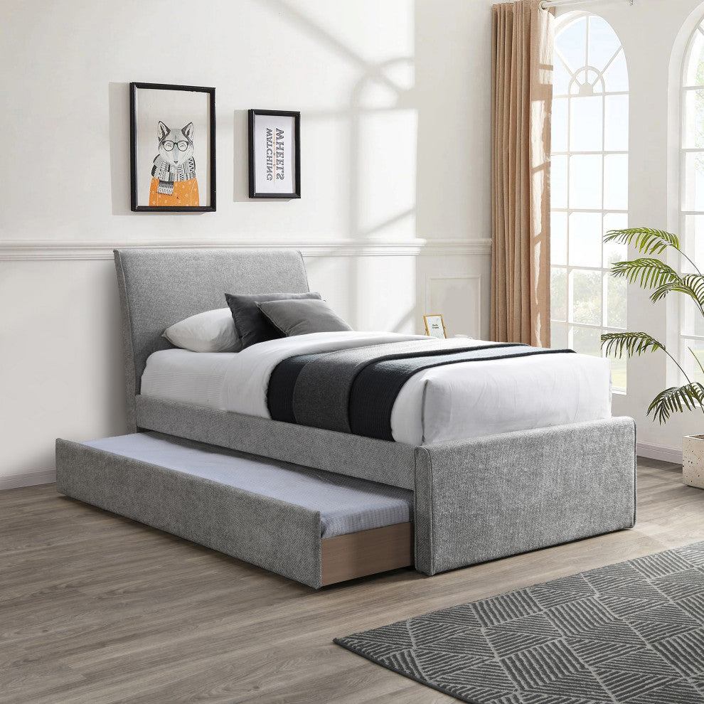 Myles Upholstered Trundle Bed, Gray, Twin, Chenille Fabric