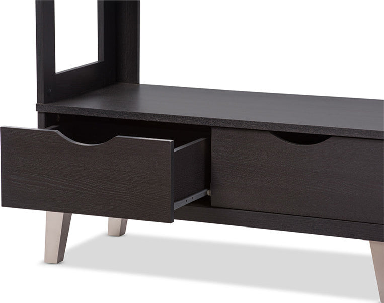 Kalien Dark Brown Wood Leaning Bookcase With Display Shelves and Two Drawers