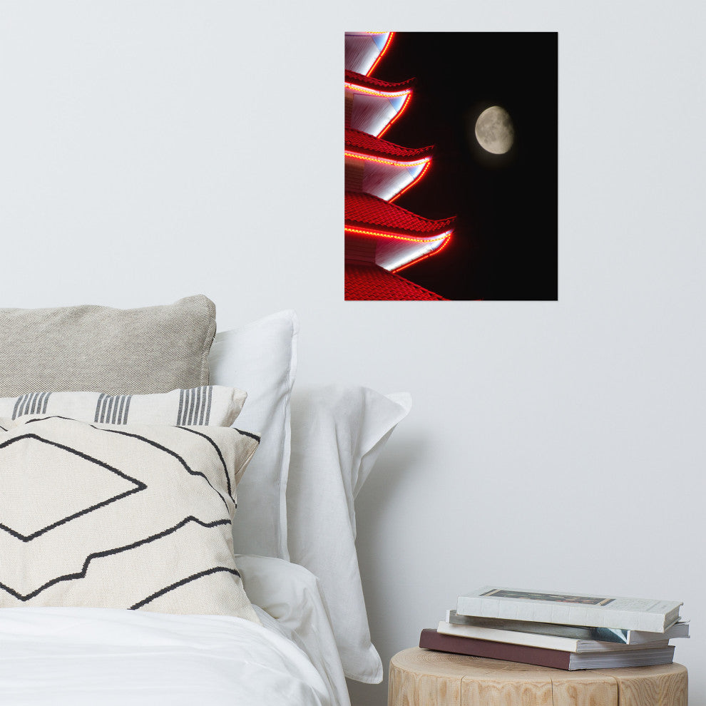 Moon Over Pagoda 1 Night Urban Photograph Unframed Wall Art Print, 16" X 20"