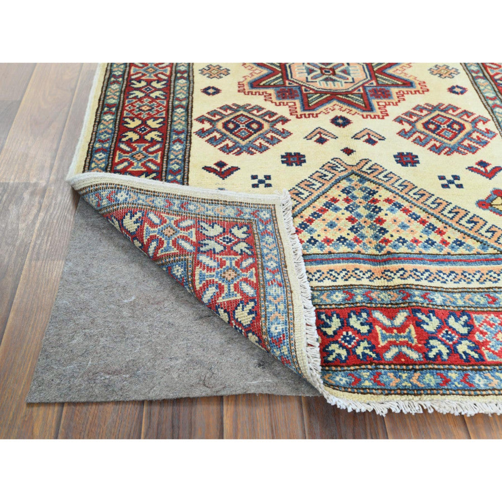 Afghan Special Kazak, Shiny Wool, Hand Knotted, Ivory, Oriental Rug, 3'0" x 4'8"