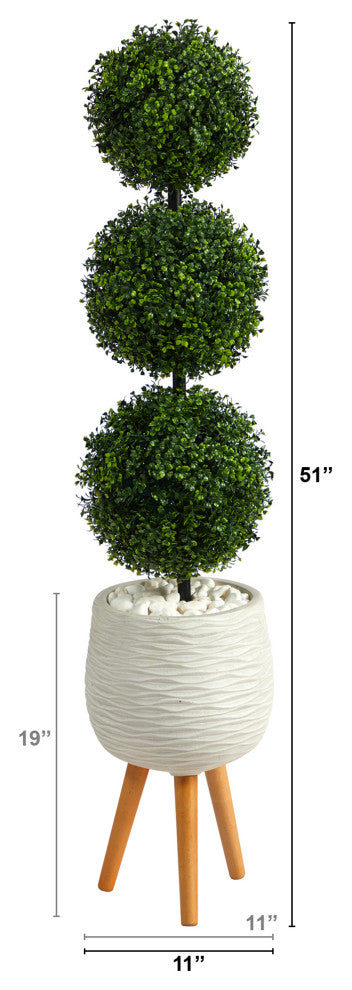 51" Boxwood Triple Ball Topiary Faux Tree White Planter W/ Stand Indoor/Outdoor