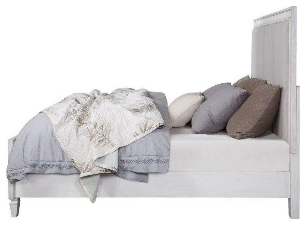 Benzara BM284019 Kate King Size Bed ChannelTufted, Gray Fabric, White Wood Frame