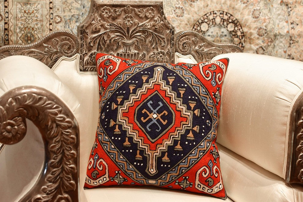 Tribal Pillow Cover Scorpion Kilim Southwestern Red Navy Toss Cushion Wool 18x18