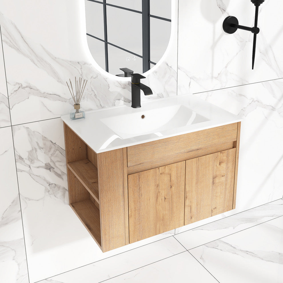 30 inch Wood Wall-Mounted Bathroom Vanity Set with Integrated Resin Sink, Imitative Oakï¼Œwhite