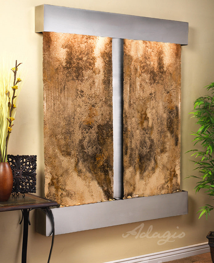 Cottonwood Falls Water Fountain, Magnifico Travertine, Stainless Steel, Square
