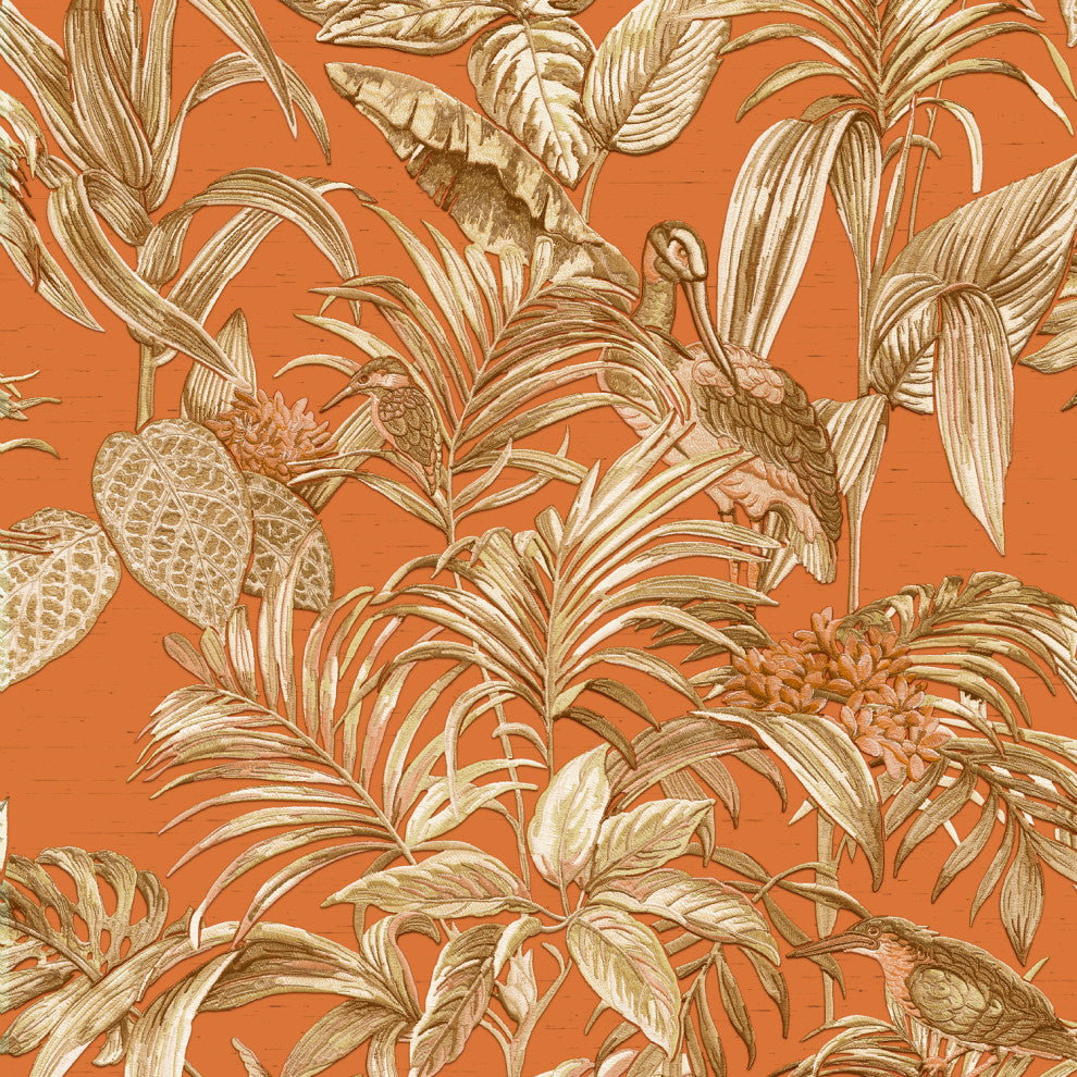Textured Wallpaper, Birds Plants, Beige Brown Green Champagne, 1 Roll