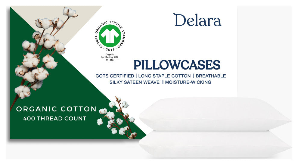 Delara GOTS 100% Organic Cotton Pillowcase Set of 2 400TC, White, Queen, 21"x32"