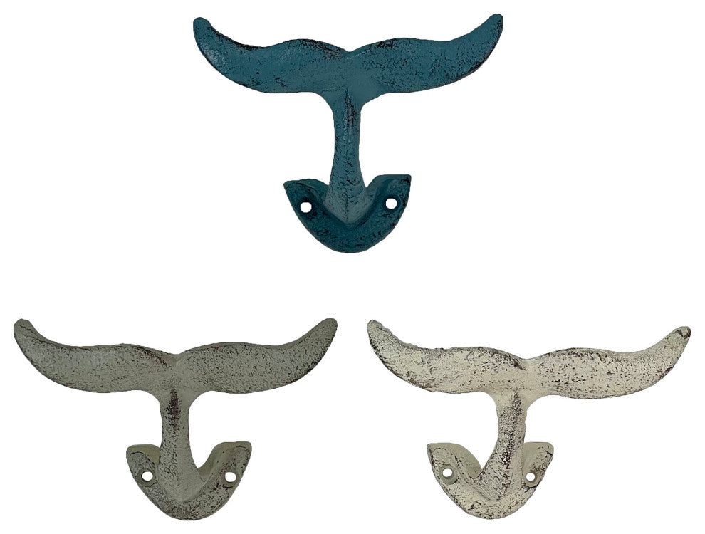 Set of 3 Cast Iron Nautical Whale Tale Wall Hooks