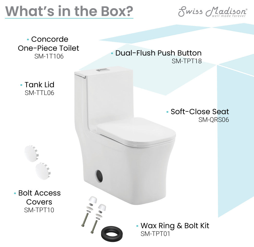 Concorde One-Piece Square Toilet Dual Flush 0.8/1.28 GPF, Glossy White
