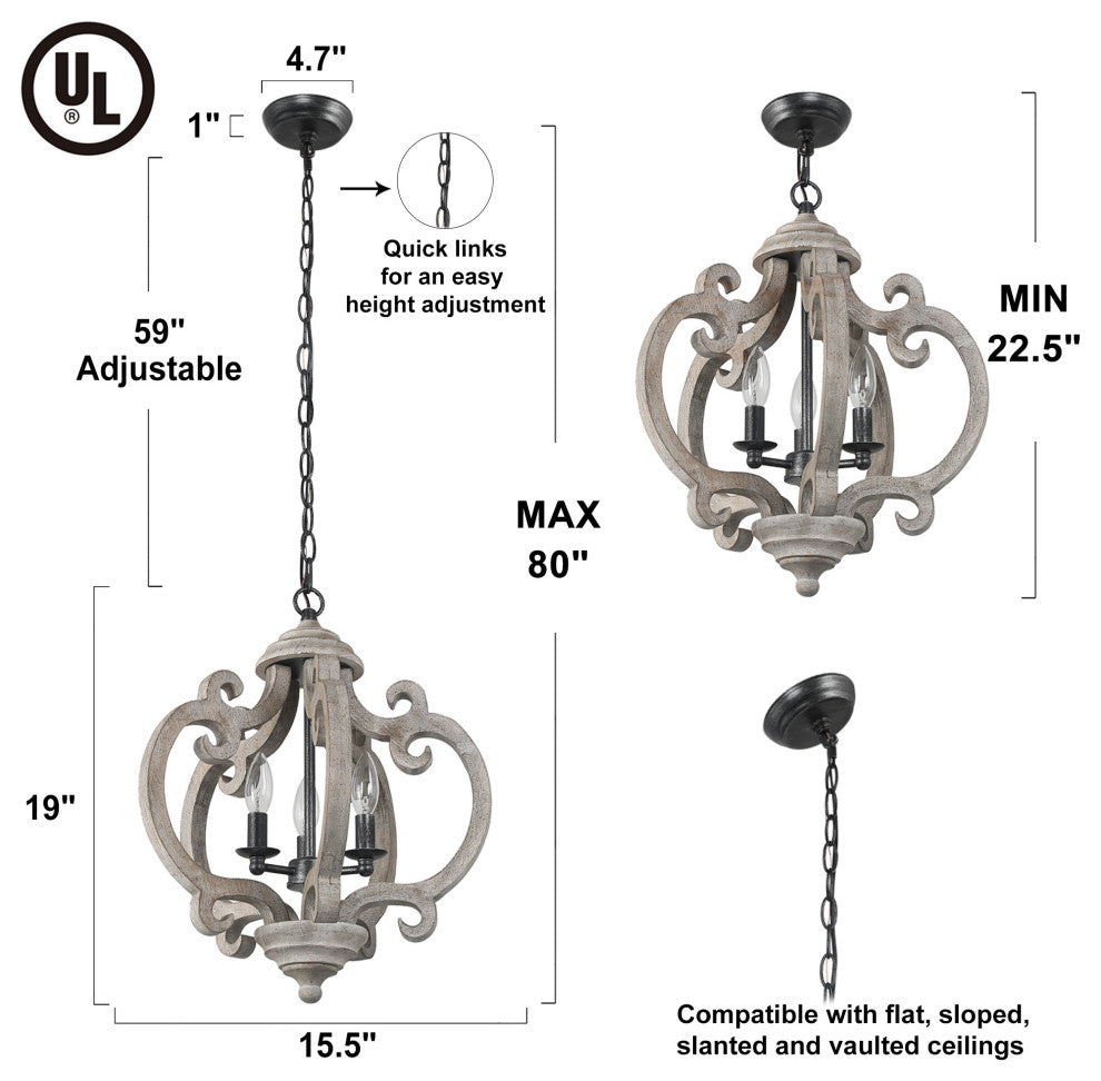 LNC 3-Light Distressed Wood Grayish White Farmhouse Latern Chandelier