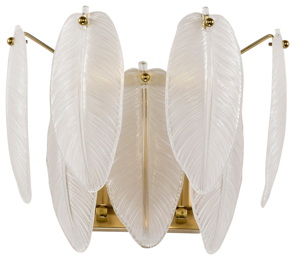 Cervine 2-Light Brushed Shiny Brass Feather-shaped Glass Wall Sconce