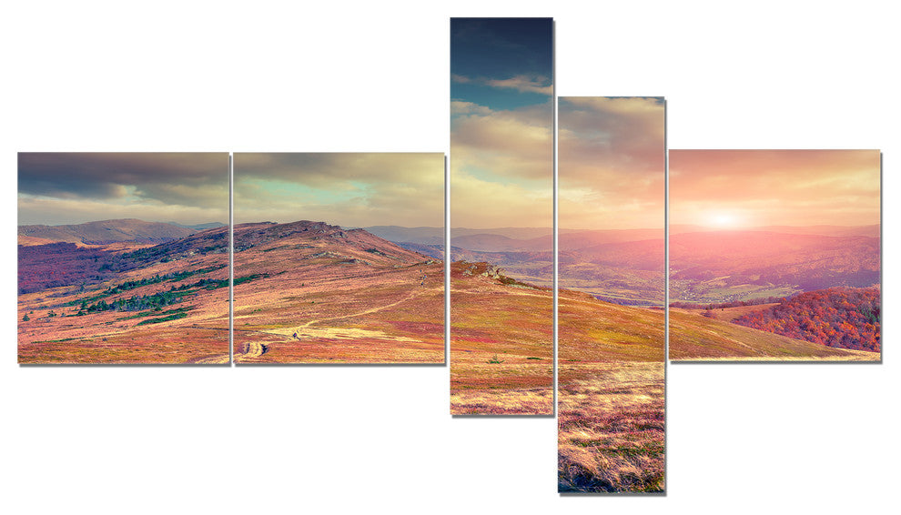 Amazing Autumn Landscape in Hills, Landscape Canvas Art Print, 60"x32", 5 panels