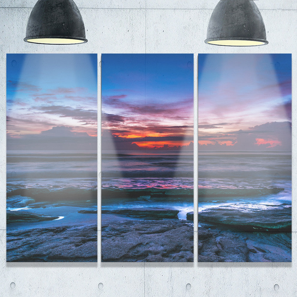 "Exotic Dark Blue Coquina Dawn" Beach Metal Wall Art, 3 Panels, 36"x28"